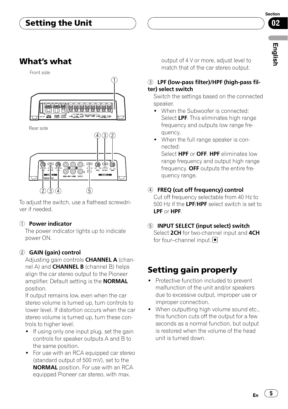 Setting the unit what, S what 5, Setting gain properly | What ’s what, Setting the unit | Pioneer GM-D9500F User Manual | Page 5 / 104