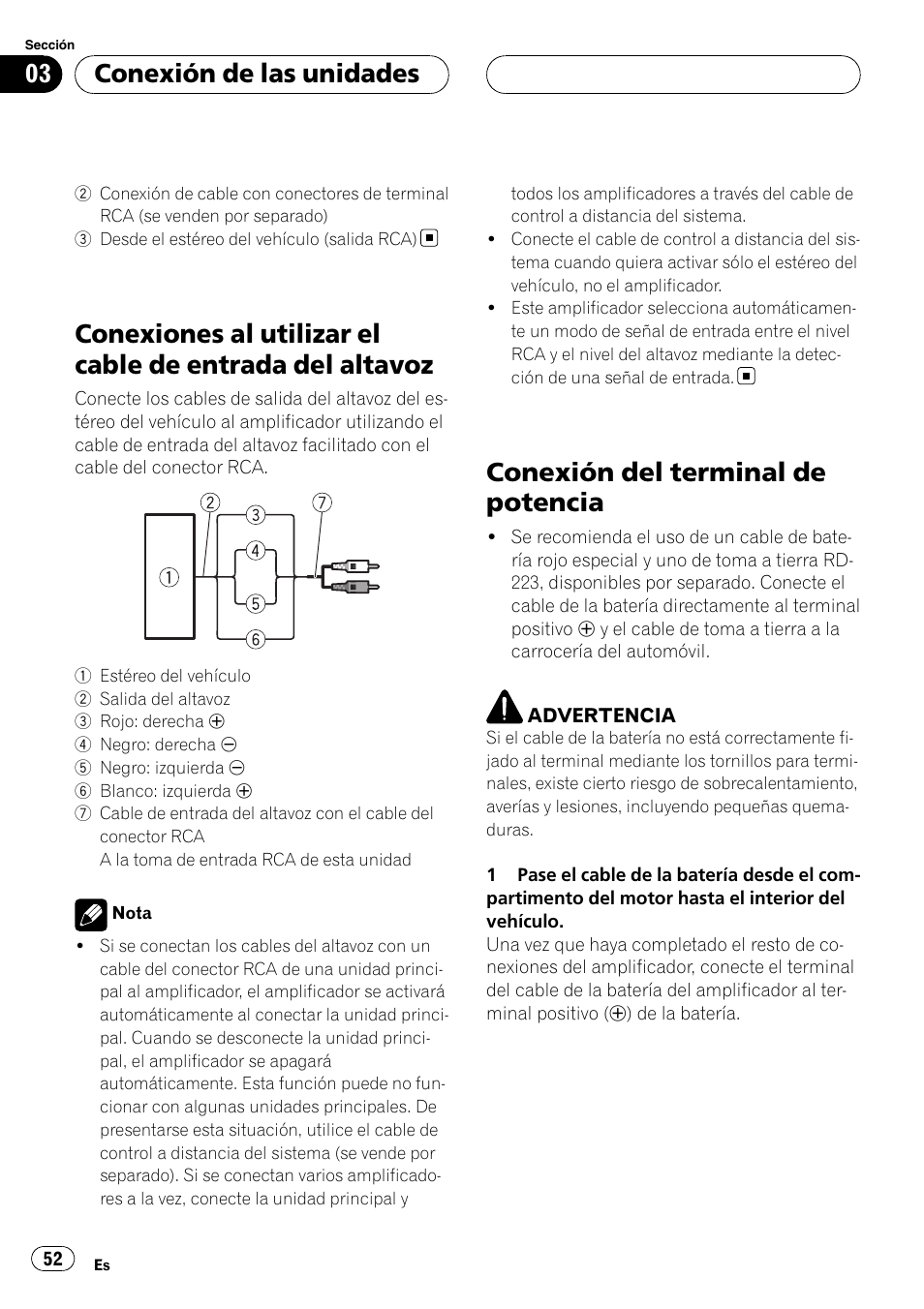 Conexiones al utilizar el cable de entrada del, Altavoz, Conexión del terminal de potencia | Conexión de las unidades | Pioneer GM-D9500F User Manual | Page 52 / 104