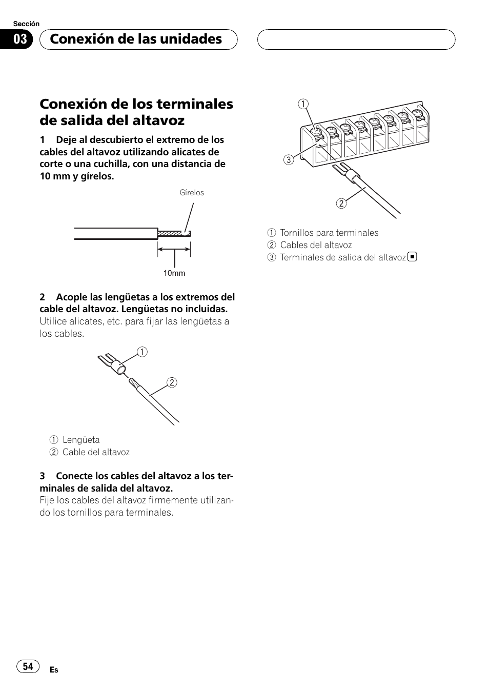 Conexión de los terminales de salida del, Altavoz, Conexión de los terminales de salida del altavoz | Conexión de las unidades | Pioneer GM-D9500F User Manual | Page 54 / 104