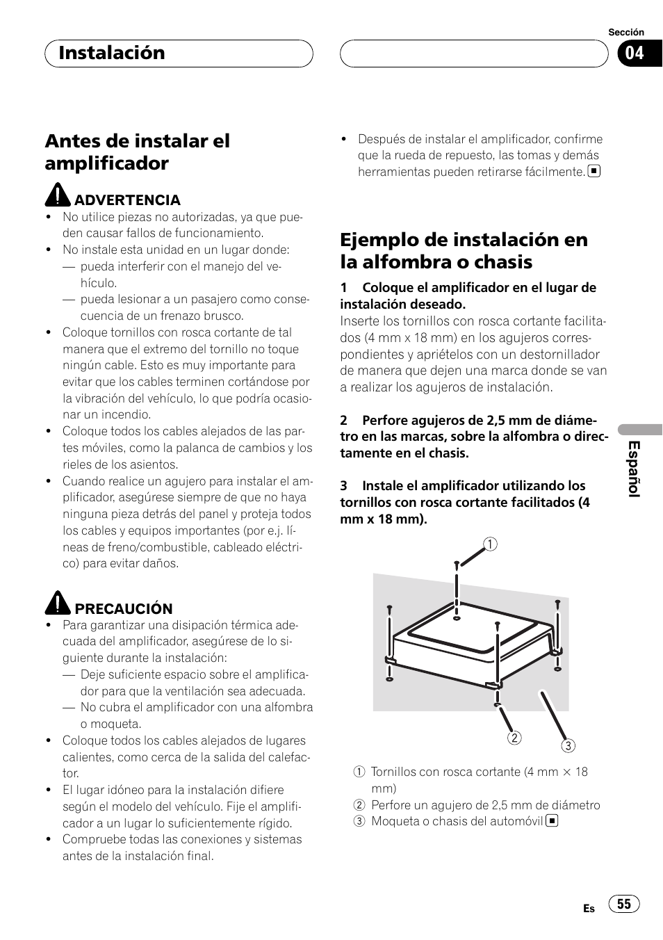Instalación antes de instalar el amplificador, Ejemplo de instalación en la alfombra o, Chasis | Antes de instalar el amplificador, Ejemplo de instalación en la alfombra o chasis, Instalación | Pioneer GM-D9500F User Manual | Page 55 / 104