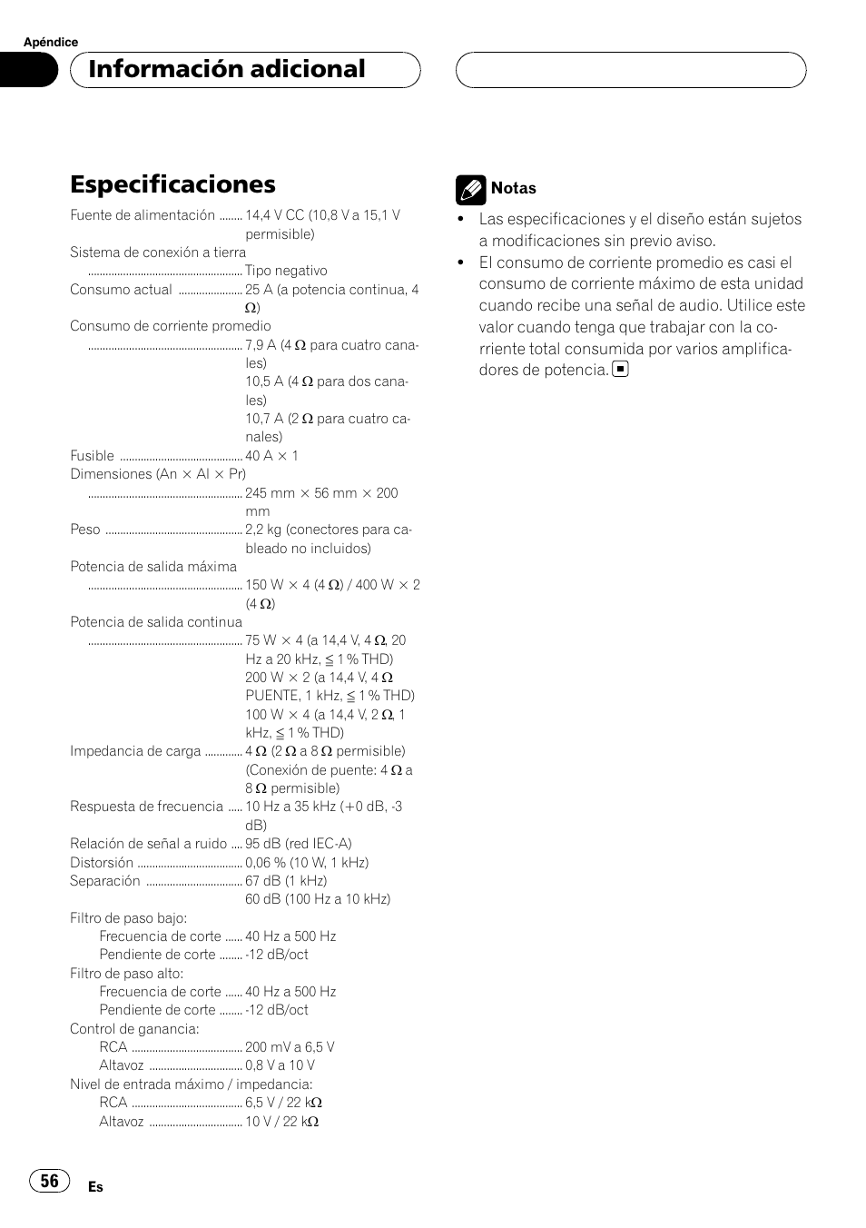 Información adicional especificaciones, Especificaciones, Información adicional | Pioneer GM-D9500F User Manual | Page 56 / 104