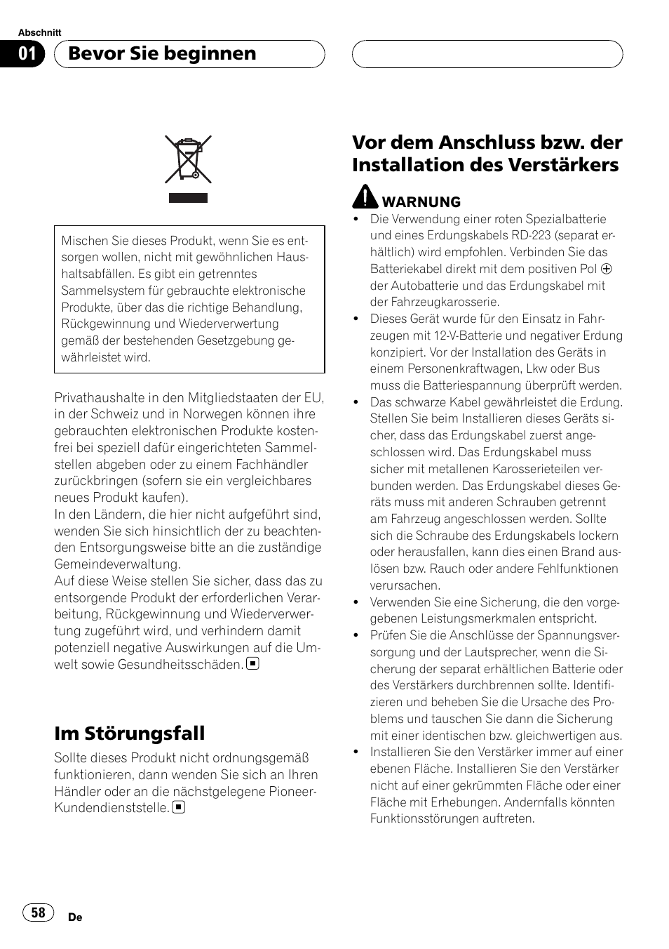 Bevor sie beginnen, Im störungsfall, Vor dem anschluss bzw. der installation des | Verstärkers | Pioneer GM-D9500F User Manual | Page 58 / 104