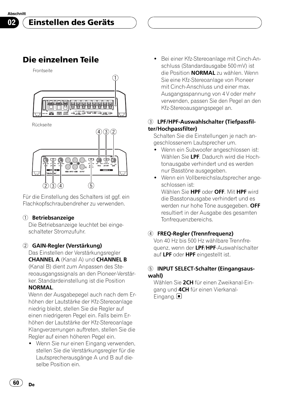Einstellen des geräts die einzelnen teile, Die einzelnen teile, Einstellen des geräts | Pioneer GM-D9500F User Manual | Page 60 / 104