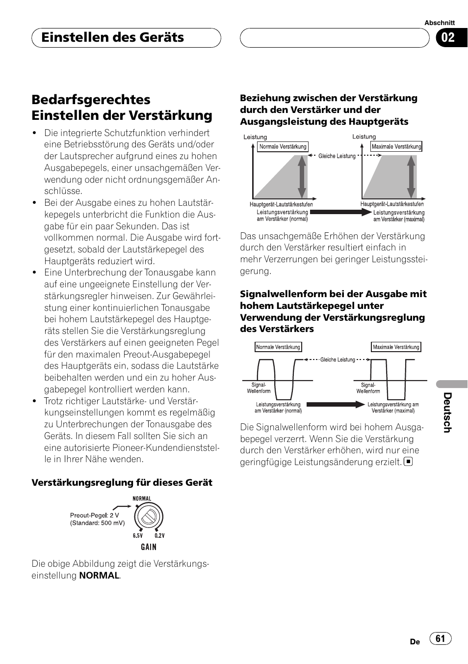 Bedarfsgerechtes einstellen der, Verstärkung, Bedarfsgerechtes einstellen der verstärkung | Einstellen des geräts | Pioneer GM-D9500F User Manual | Page 61 / 104