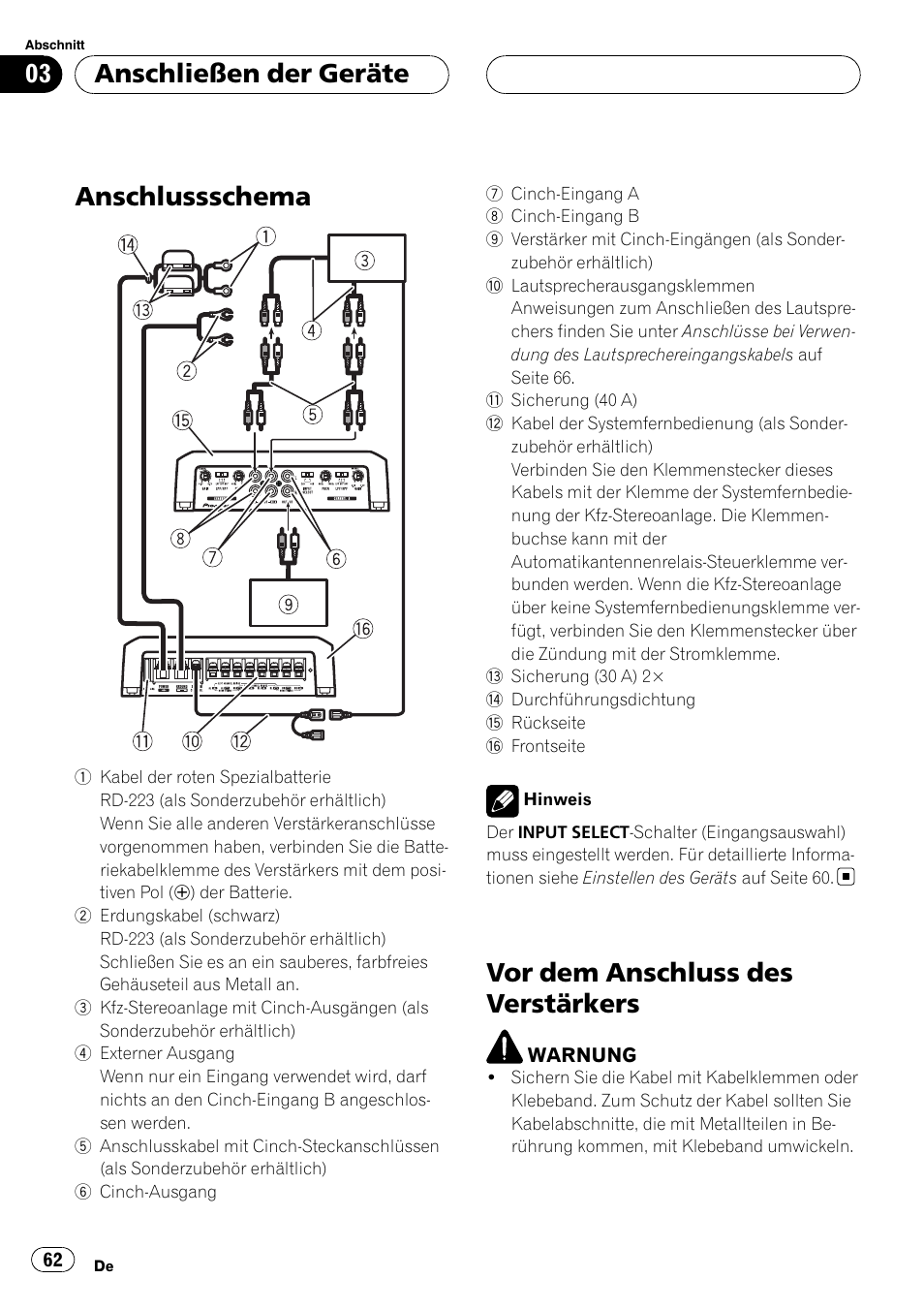 Anschließen der geräte anschlussschema, Vor dem anschluss des verstärkers, Anschlussschema | Anschließen der geräte | Pioneer GM-D9500F User Manual | Page 62 / 104