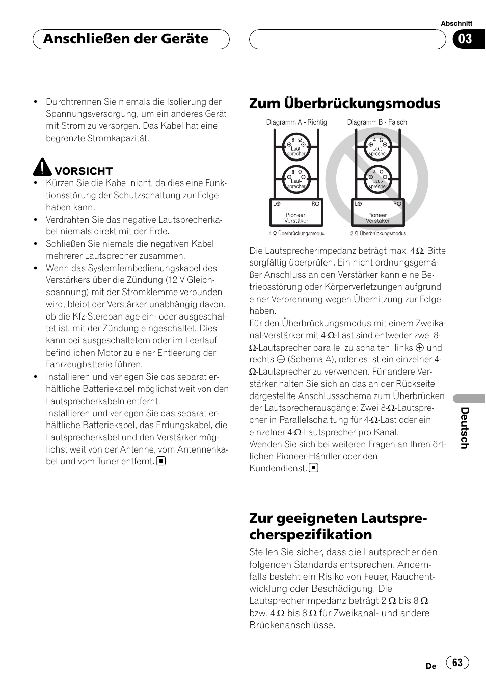 Zum überbrückungsmodus, Zur geeigneten, Lautsprecherspezifikation | Zur geeigneten lautspre- cherspezifikation, Anschließen der geräte | Pioneer GM-D9500F User Manual | Page 63 / 104