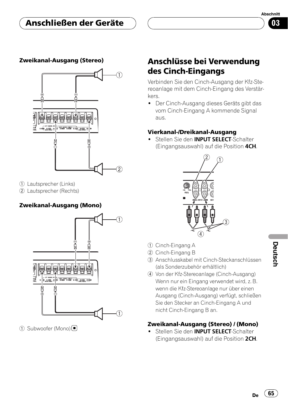 Anschlüsse bei verwendung des cinch, Eingangs, Anschlüsse bei verwendung des cinch-eingangs | Anschließen der geräte | Pioneer GM-D9500F User Manual | Page 65 / 104