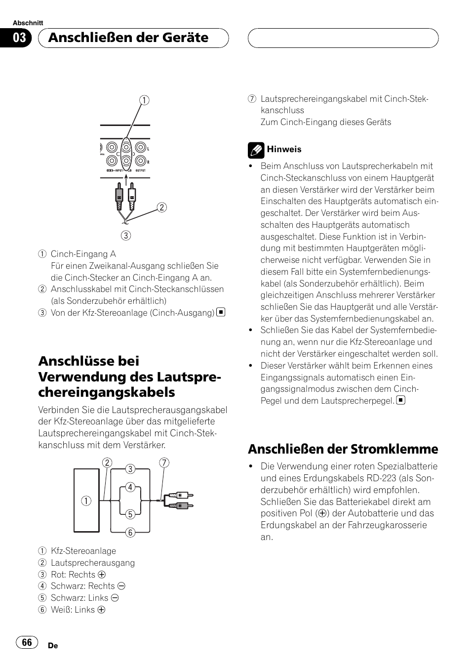 Anschlüsse bei verwendung des, Lautsprechereingangskabels, Anschließen der stromklemme | Anschließen der geräte | Pioneer GM-D9500F User Manual | Page 66 / 104