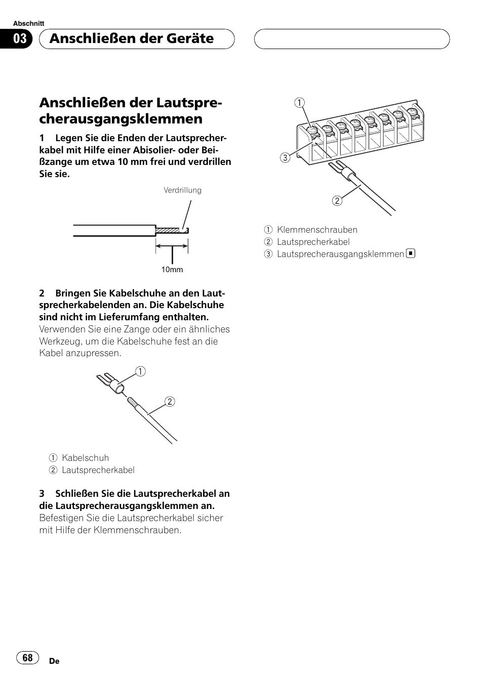 Anschließen der, Lautsprecherausgangsklemmen, Anschließen der lautspre- cherausgangsklemmen | Anschließen der geräte | Pioneer GM-D9500F User Manual | Page 68 / 104