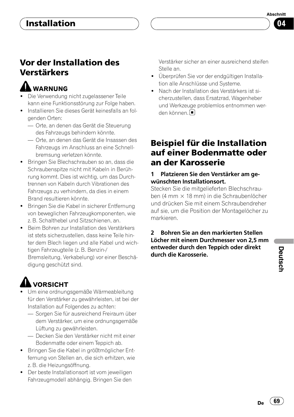 Installation vor der installation des verstärkers, Beispiel für die installation auf einer, Bodenmatte oder an der karosserie | Vor der installation des verstärkers, Installation | Pioneer GM-D9500F User Manual | Page 69 / 104