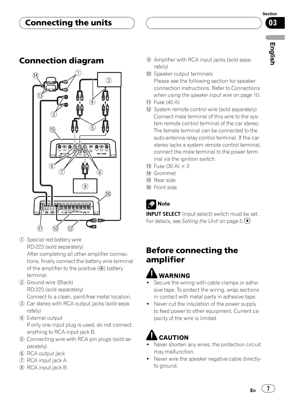 Connecting the units connection diagram, Before connecting the amplifier, Connection diagram | Connecting the units | Pioneer GM-D9500F User Manual | Page 7 / 104
