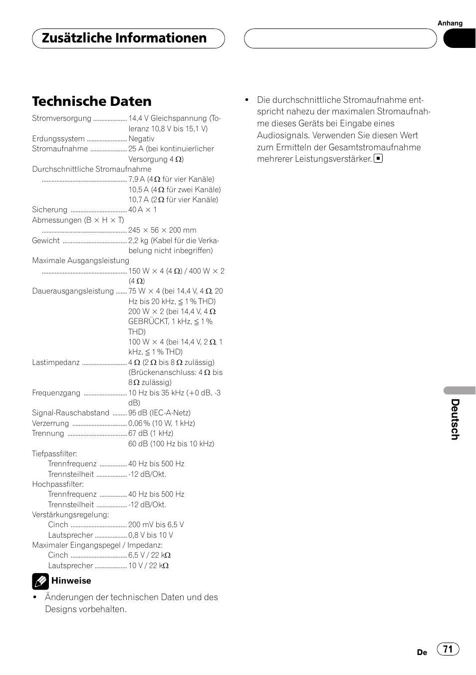 Zusätzliche informationen technische daten, Technische daten, Zusätzliche informationen | Deutsch | Pioneer GM-D9500F User Manual | Page 71 / 104