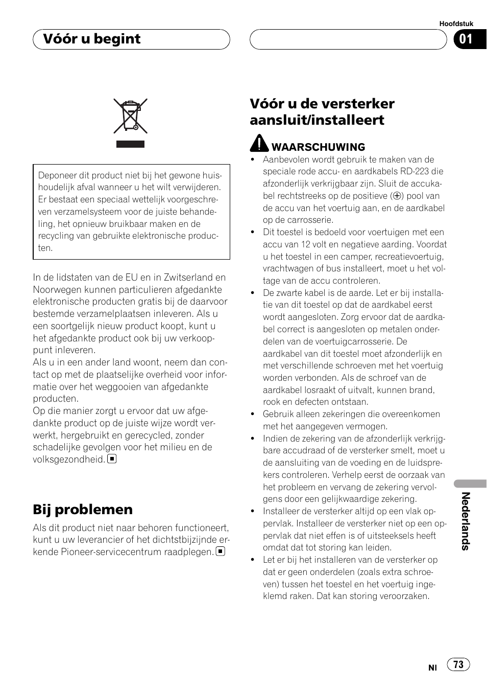 Vóór u begint, Bij problemen, Vóór u de versterker aansluit/installeert | Pioneer GM-D9500F User Manual | Page 73 / 104