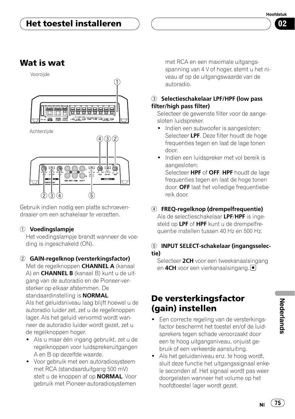 Het toestel installeren wat is wat, De versterkingsfactor (gain) instellen, Wat is wat | Het toestel installeren | Pioneer GM-D9500F User Manual | Page 75 / 104