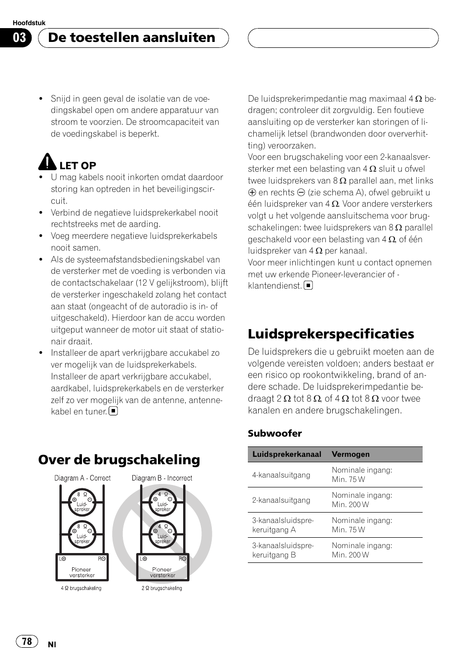 Over de brugschakeling, Luidsprekerspecificaties, De toestellen aansluiten | Pioneer GM-D9500F User Manual | Page 78 / 104