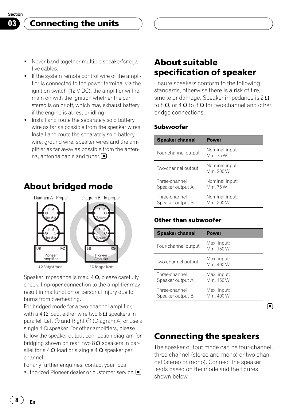 About bridged mode, About suitable specification of speaker, Connecting the speakers | Connecting the units | Pioneer GM-D9500F User Manual | Page 8 / 104