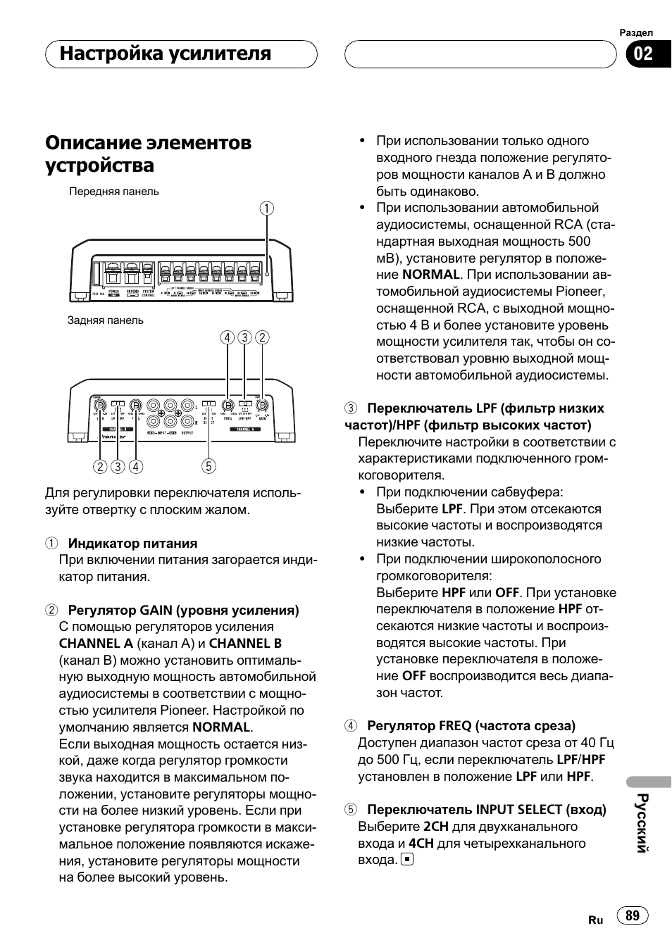 Настройка усилителя, Описание элементов устройства 89, Описание элементов устройства | Pioneer GM-D9500F User Manual | Page 89 / 104