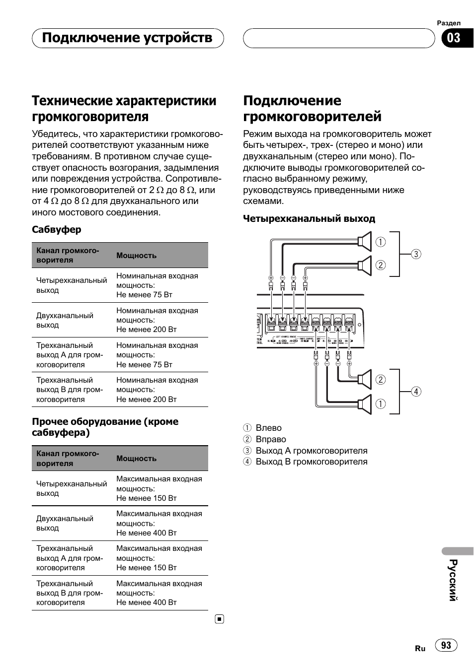 Технические характеристики, Громкоговорителя 93, Подключение громкоговорителей 93 | Технические характеристики громкоговорителя, Подключение громкоговорителей, Подключение устройств, Ру сский | Pioneer GM-D9500F User Manual | Page 93 / 104