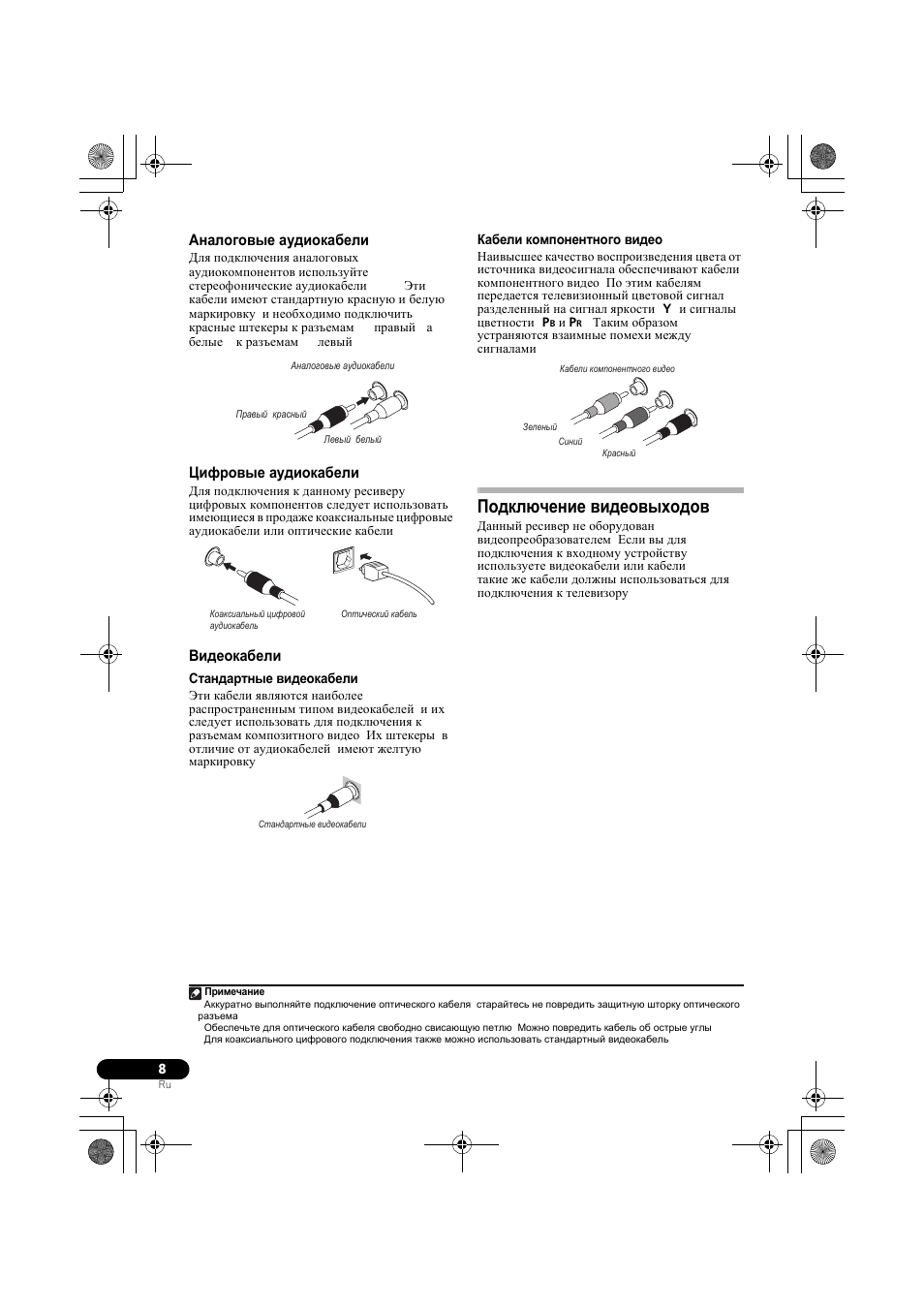 Аналоговые аудиокабели, Циф²овые аудиокабели, Видеокабели | Подкл чение видеовыходов, Цифровые аудиокабели, Подключение видеовыходов | Pioneer VSX-519V-K User Manual | Page 100 / 140