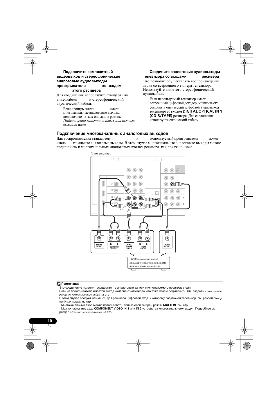 Подкл чение многоканальных аналоговых выходов, Подключение многоканальных аналоговых, Выходов | Подключение многоканальных аналоговых выходов, Этот ресивер, Примечание | Pioneer VSX-519V-K User Manual | Page 102 / 140