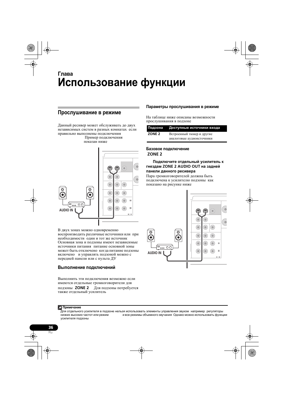 Использование функции multi-zone, П²ослушивание в ²ежиме multi-zone, Выполнение подкл чений multi-zone | Прослушивание в режиме multi-zone, Выполнение подключений multi-zone, Глава 7, Параметры прослушивания в режиме multi-zone, Базовое подключение multi-zone ( zone 2), Для подзоны потребуется также отдельный усилитель, Audio in | Pioneer VSX-519V-K User Manual | Page 128 / 140