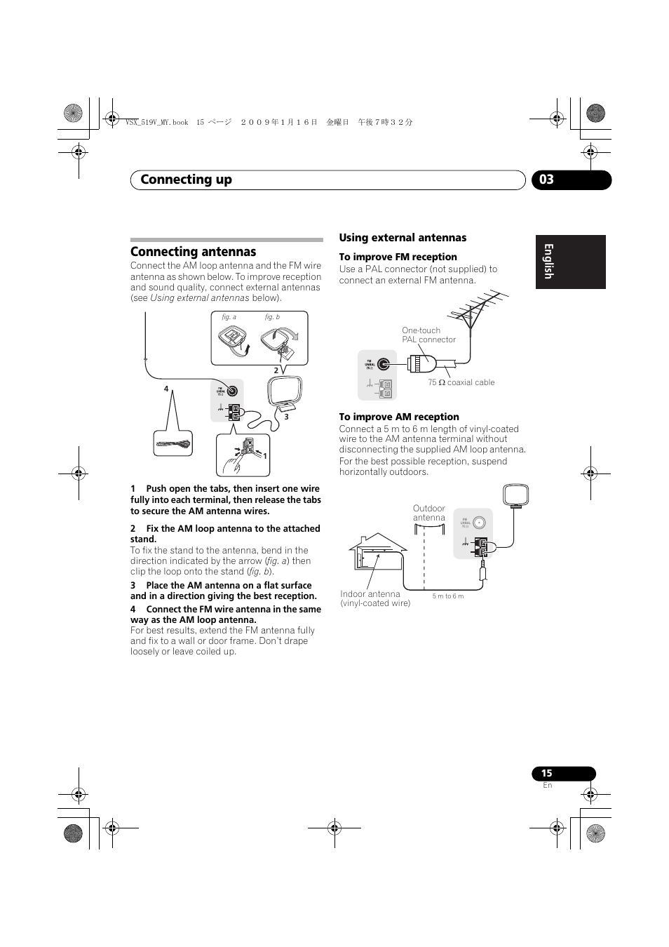Connecting antennas, Using external antennas, Connecting up 03 | Pioneer VSX-519V-K User Manual | Page 15 / 140