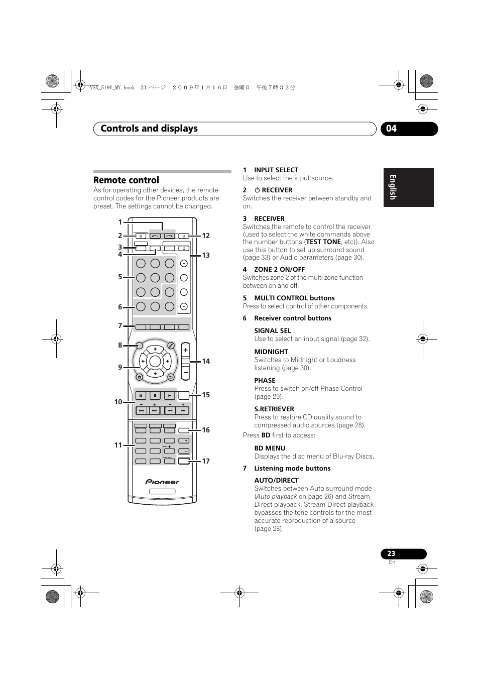 Remote control, Controls and displays 04 | Pioneer VSX-519V-K User Manual | Page 23 / 140