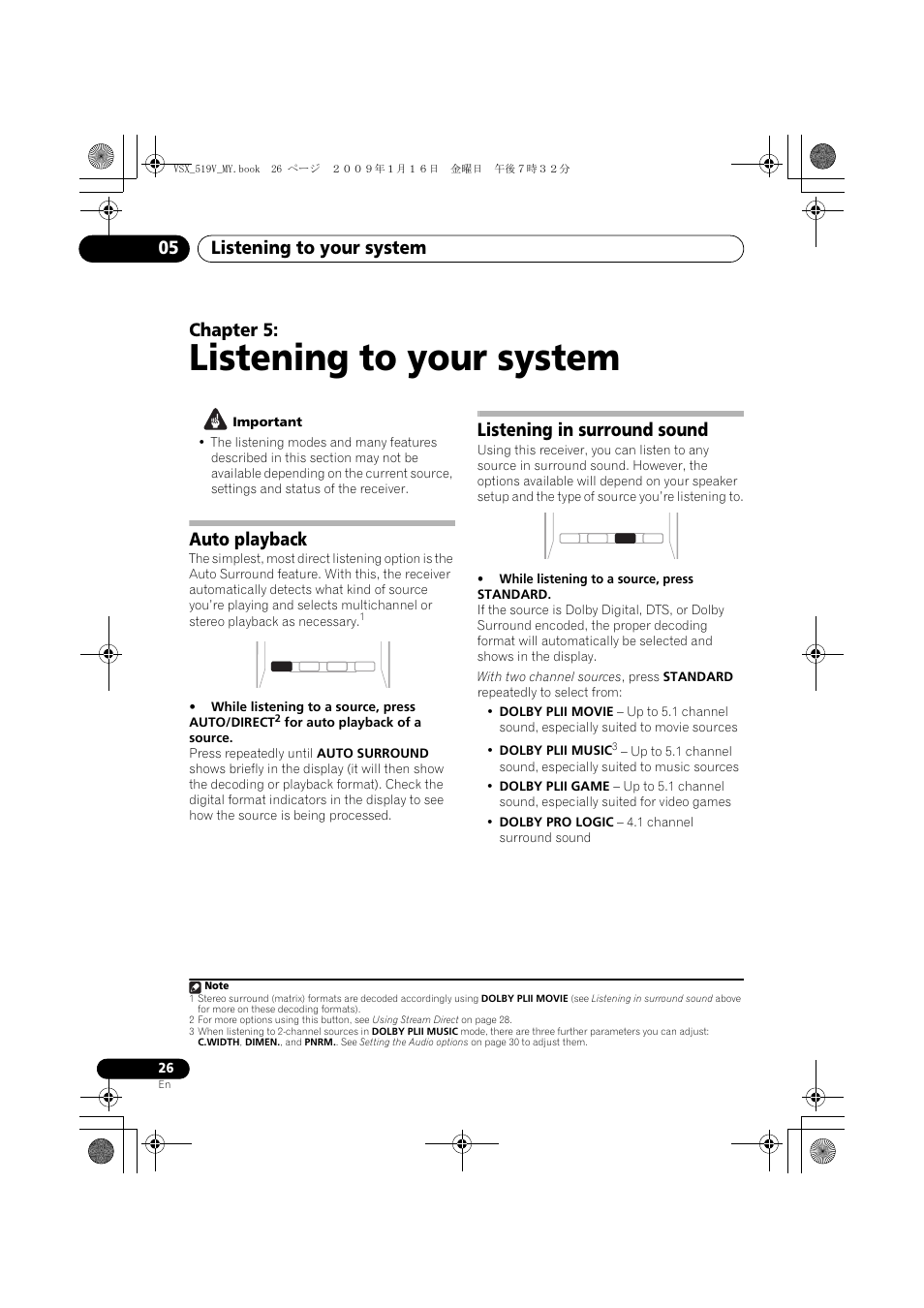 Listening to your system, Auto playback, Listening in surround sound | Listening to your system 05, Chapter 5 | Pioneer VSX-519V-K User Manual | Page 26 / 140