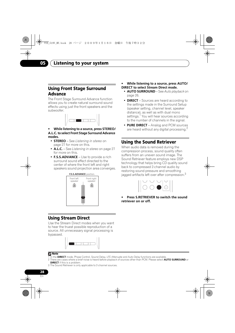 Using front stage surround advance, Using stream direct, Using the sound retriever | Listening to your system 05 | Pioneer VSX-519V-K User Manual | Page 28 / 140