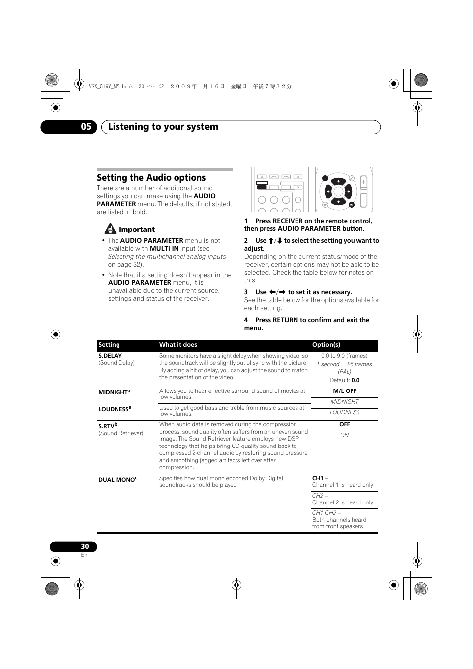 Setting the audio options, Listening to your system 05 | Pioneer VSX-519V-K User Manual | Page 30 / 140