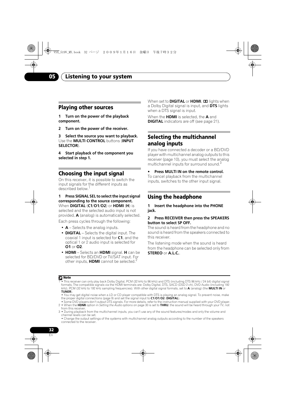 Playing other sources, Choosing the input signal, Selecting the multichannel analog inputs | Using the headphone, Listening to your system 05 | Pioneer VSX-519V-K User Manual | Page 32 / 140