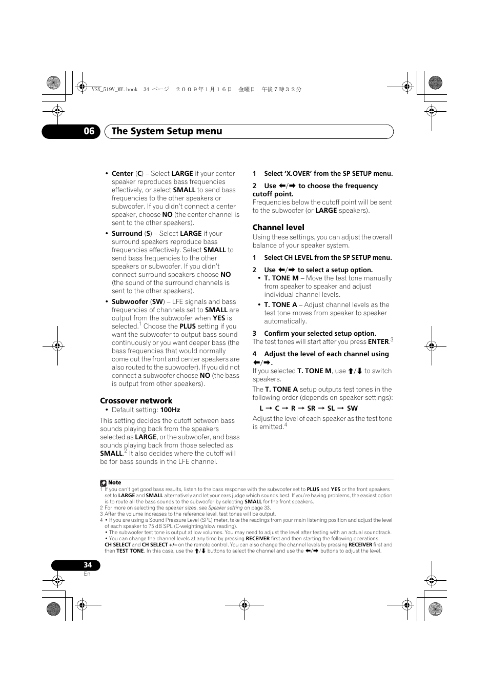 Crossover network, Channel level, The system setup menu 06 | Pioneer VSX-519V-K User Manual | Page 34 / 140