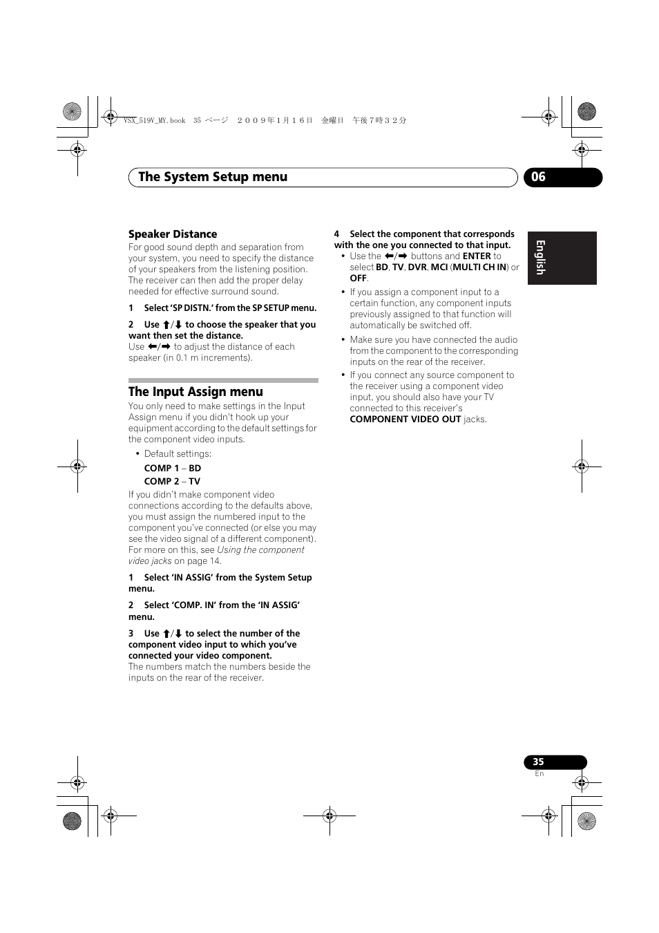 Speaker distance, The input assign menu, The system setup menu 06 | Pioneer VSX-519V-K User Manual | Page 35 / 140