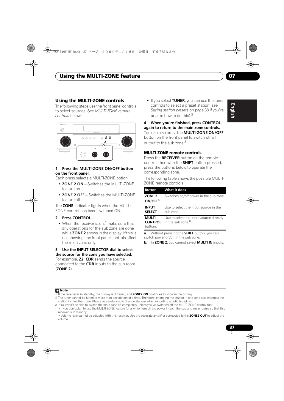 Using the multi-zone controls, Using the multi-zone feature 07 | Pioneer VSX-519V-K User Manual | Page 37 / 140