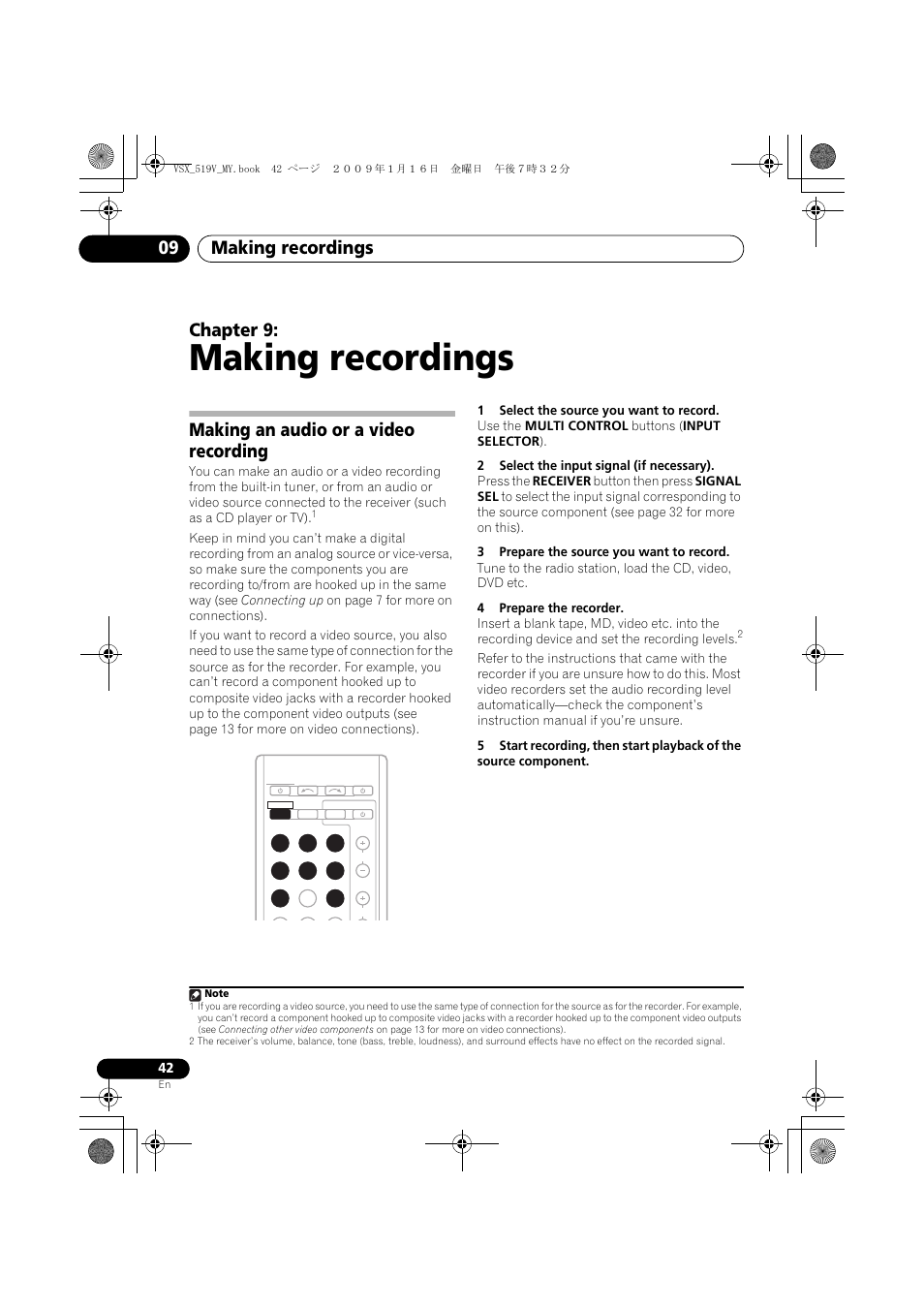 Making recordings, Making an audio or a video recording, Making recordings 09 | Chapter 9 | Pioneer VSX-519V-K User Manual | Page 42 / 140