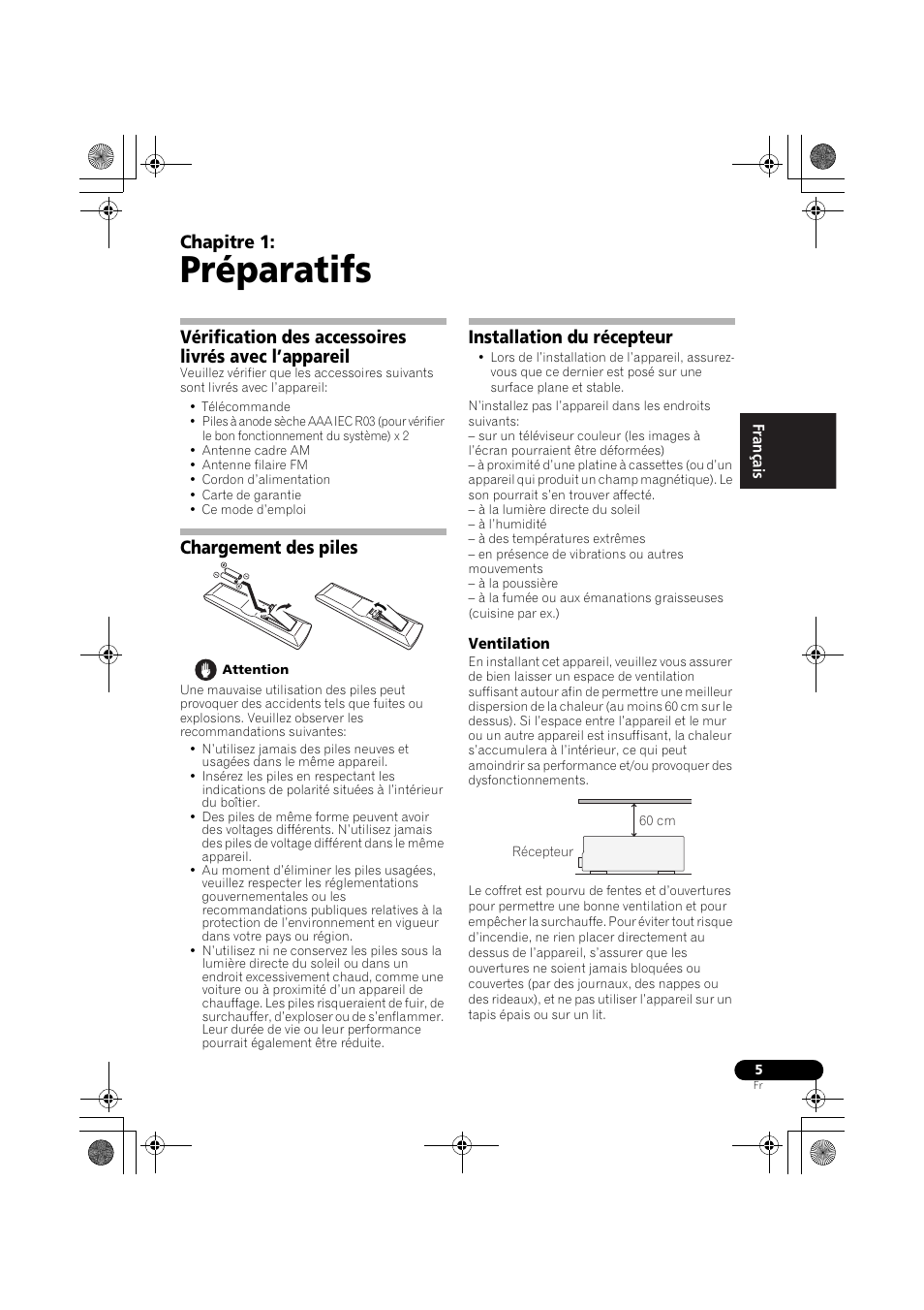 Préparatifs, Chargement des piles, Installation du récepteur | Ventilation, Chapitre 1 | Pioneer VSX-519V-K User Manual | Page 51 / 140