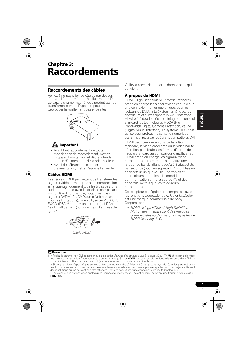 Raccordements, Raccordements des câbles, Câbles hdmi | À propos de hdmi, Câbles hdmi à propos de hdmi, Chapitre 3 | Pioneer VSX-519V-K User Manual | Page 53 / 140