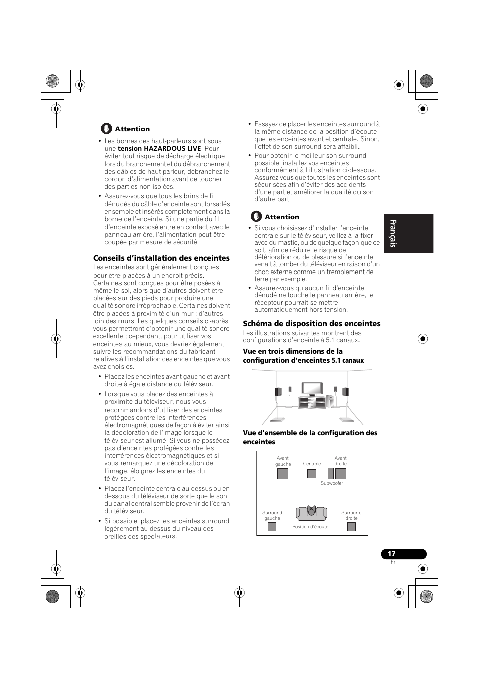 Conseils d’installation des enceintes, Schéma de disposition des enceintes | Pioneer VSX-519V-K User Manual | Page 63 / 140