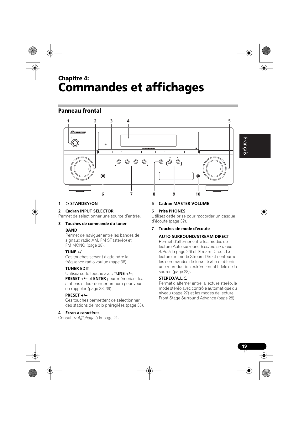Commandes et affichages, Panneau frontal, Chapitre 4 | Pioneer VSX-519V-K User Manual | Page 65 / 140