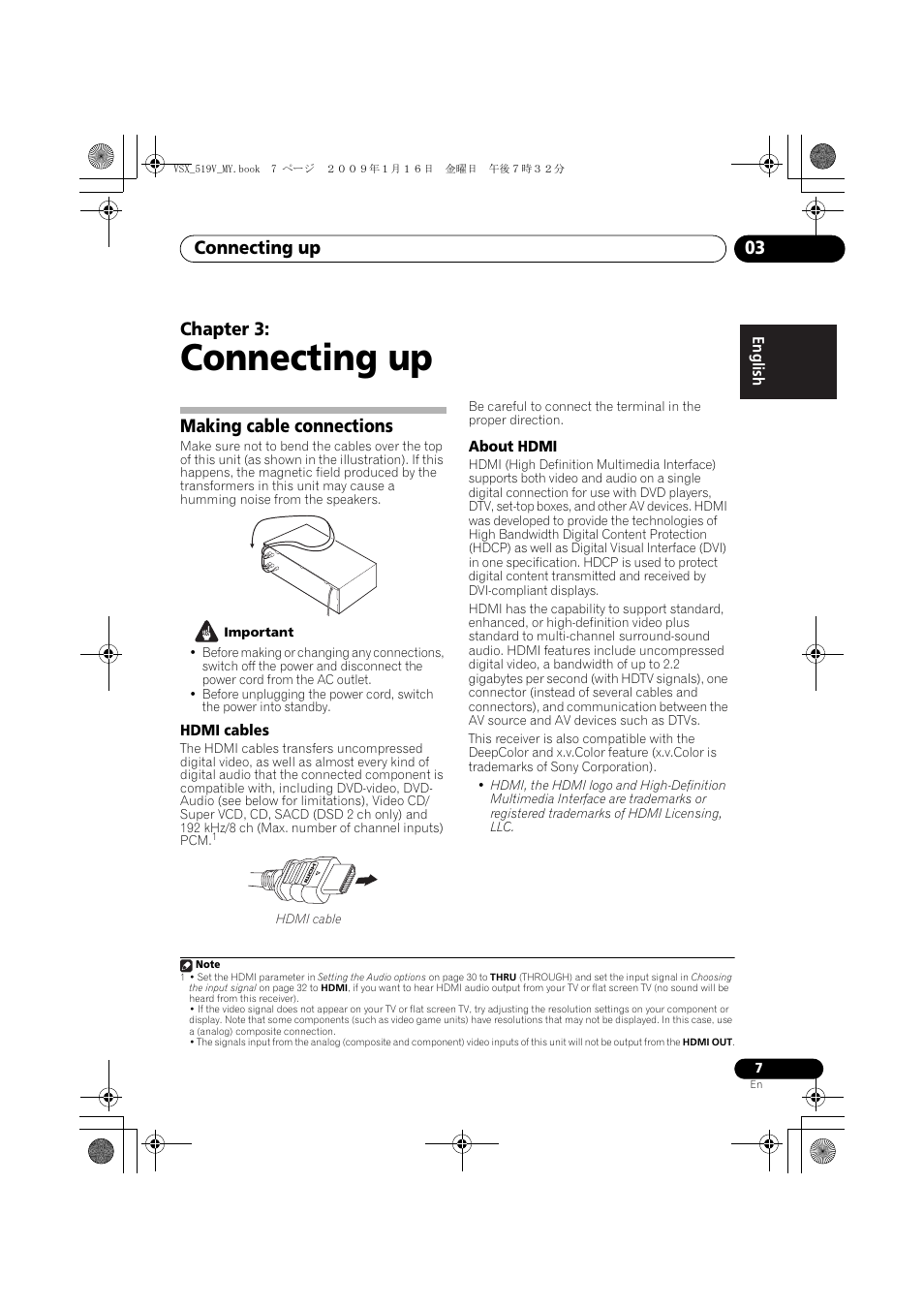 Connecting up, Making cable connections, Hdmi cables | About hdmi, Connecting up 03, Chapter 3 | Pioneer VSX-519V-K User Manual | Page 7 / 140