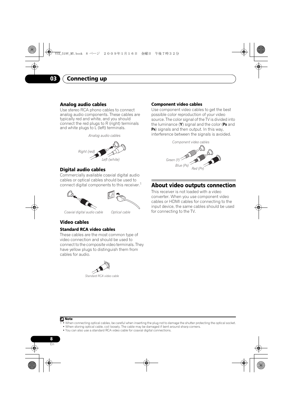 Analog audio cables, Digital audio cables, Video cables | About video outputs connection, Connecting up 03 | Pioneer VSX-519V-K User Manual | Page 8 / 140