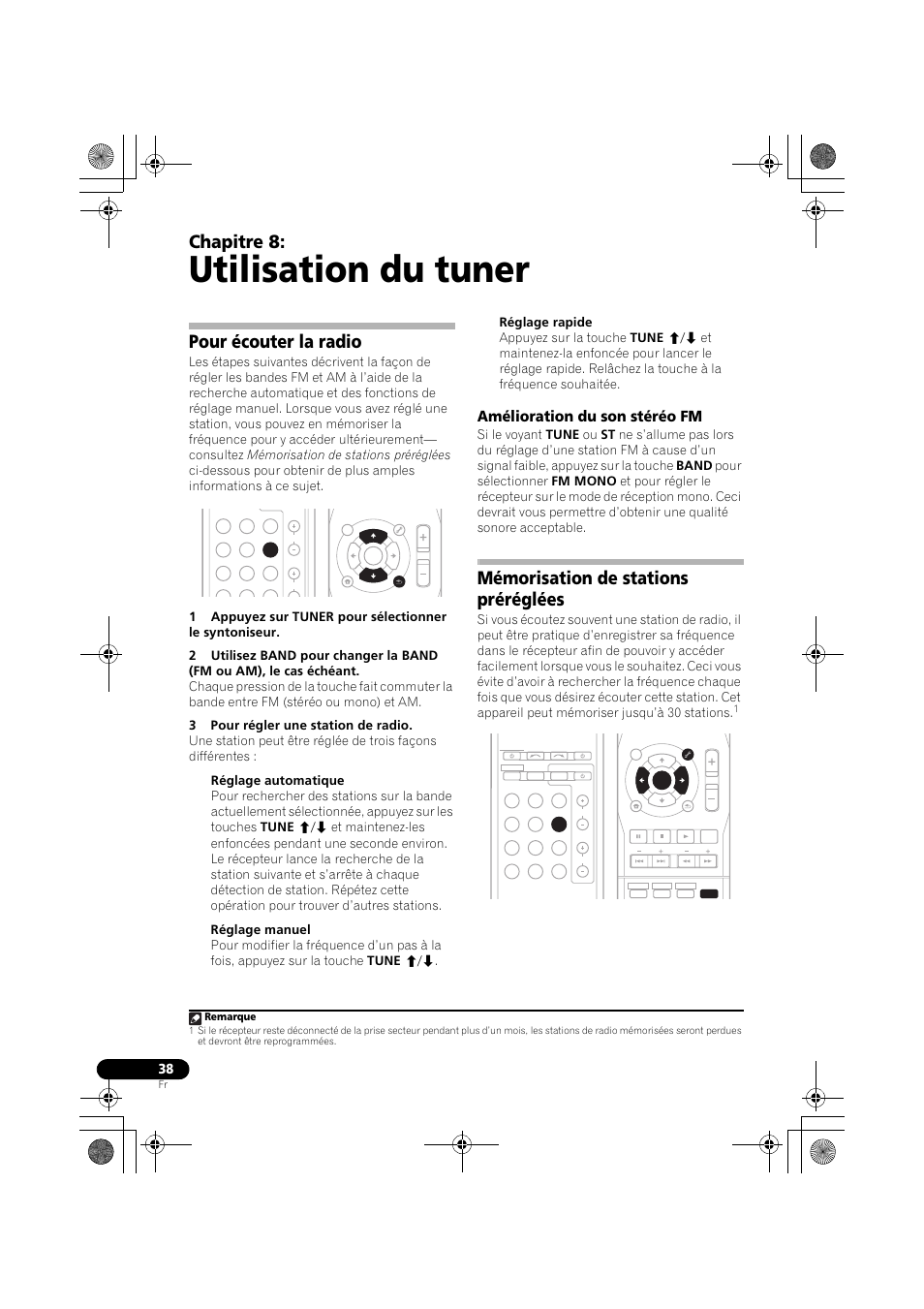 Utilisation du tuner, Pour écouter la radio, Amélioration du son stéréo fm | Mémorisation de stations préréglées, Chapitre 8, Remarque | Pioneer VSX-519V-K User Manual | Page 84 / 140