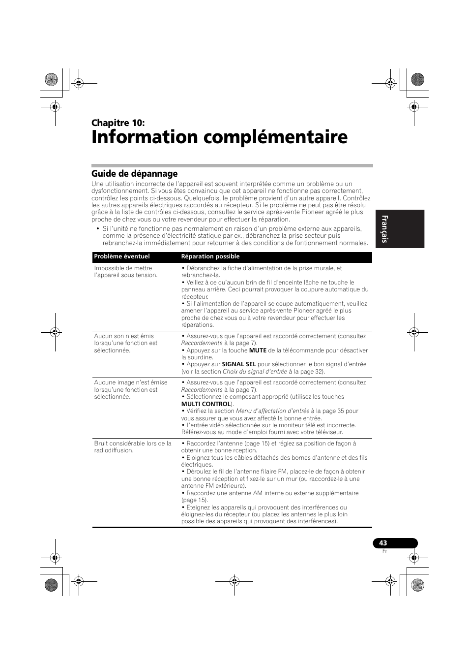 Information complémentaire, Guide de dépannage, Chapitre 10 | Pioneer VSX-519V-K User Manual | Page 89 / 140