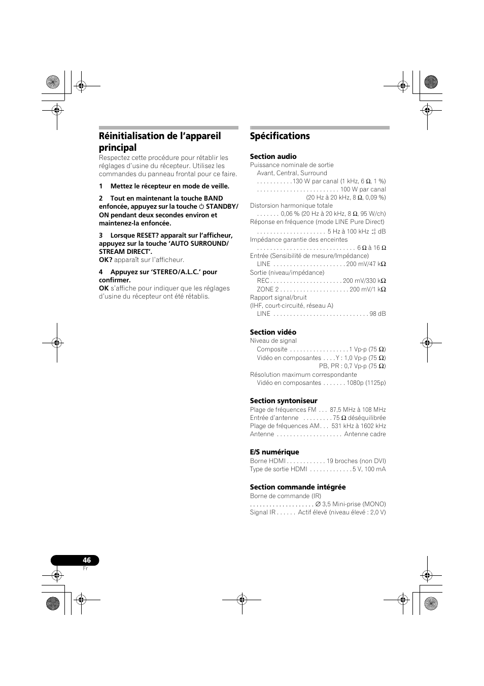 Réinitialisation de l’appareil principal, Spécifications | Pioneer VSX-519V-K User Manual | Page 92 / 140