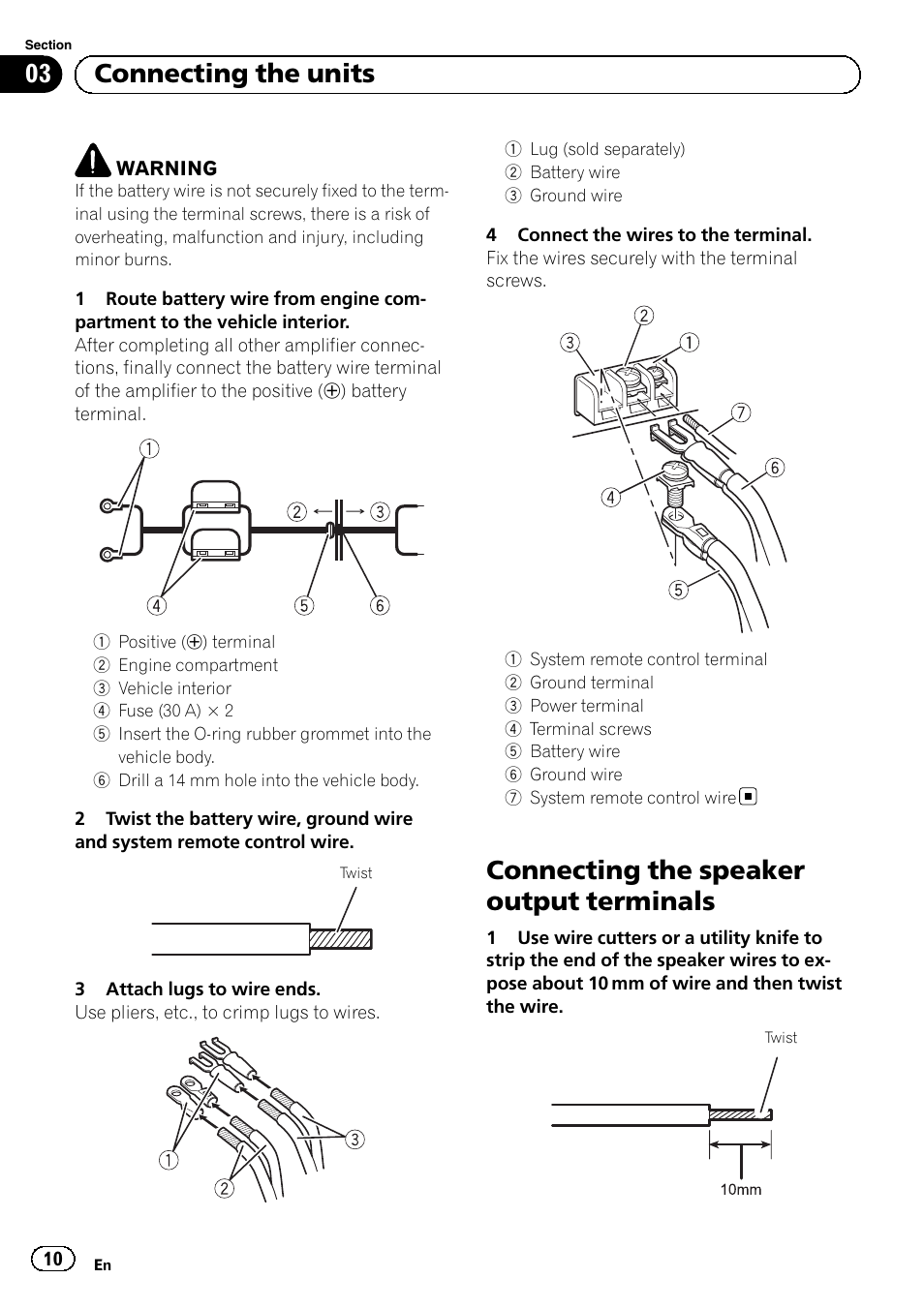 Connecting the speaker output terminals, 03 connecting the units | Pioneer GM-6500F User Manual | Page 10 / 96