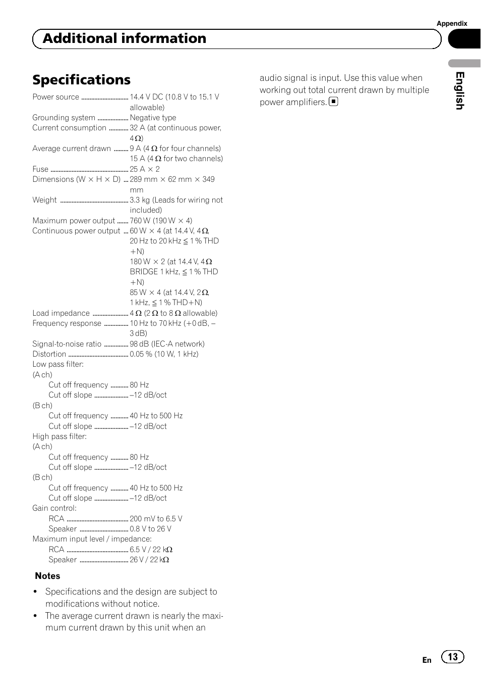 Specifications, Additional information, English | Pioneer GM-6500F User Manual | Page 13 / 96