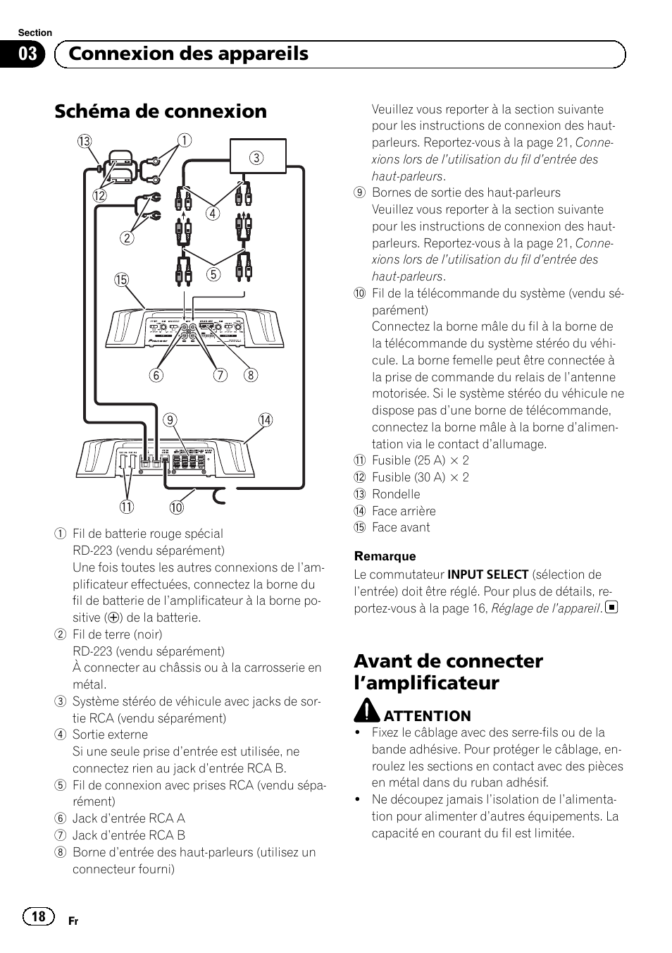 Schéma de connexion, Avant de connecter l ’amplificateur, 03 connexion des appareils | Pioneer GM-6500F User Manual | Page 18 / 96