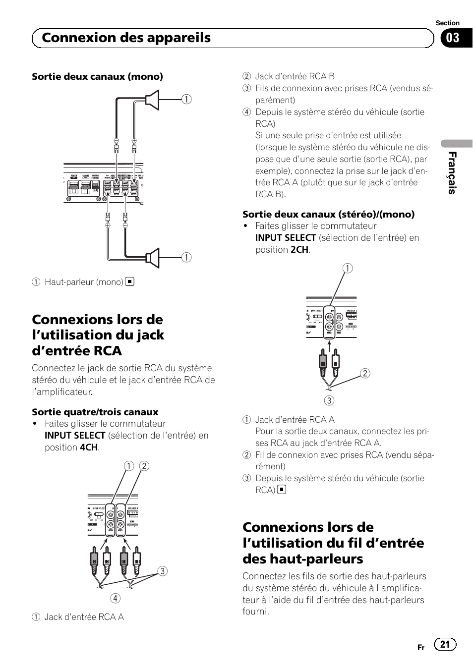 Utilisation du fil d’entrée des, Haut-parleurs, 03 connexion des appareils | Pioneer GM-6500F User Manual | Page 21 / 96