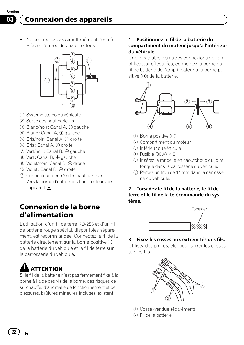 Connexion de la borne d ’alimentation, 03 connexion des appareils | Pioneer GM-6500F User Manual | Page 22 / 96