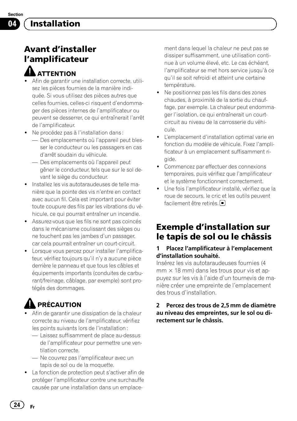 Avant d ’installer l ’amplificateur, 04 installation | Pioneer GM-6500F User Manual | Page 24 / 96